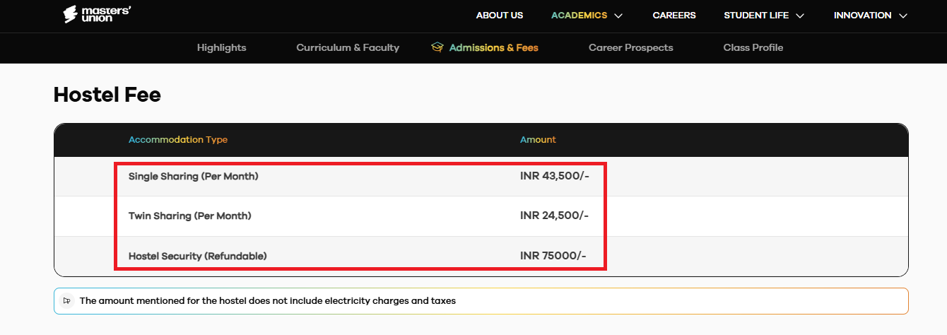 Masters’ Union Hostel Fee 2025