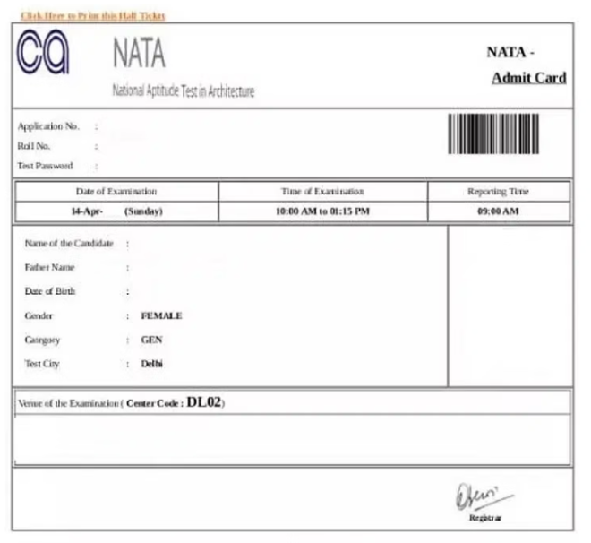 NATA Admit card