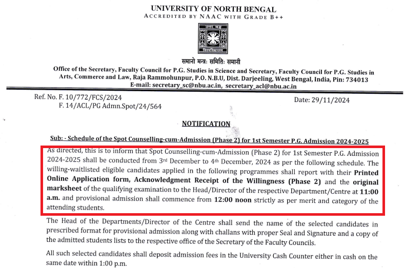 NBU PG Admission 2024-25 Counselling Phase-2 Open