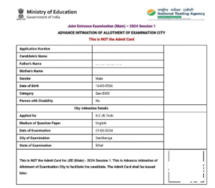 NEET City Intimation Sample