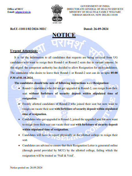 NEET Counselling Resignation Window open notice