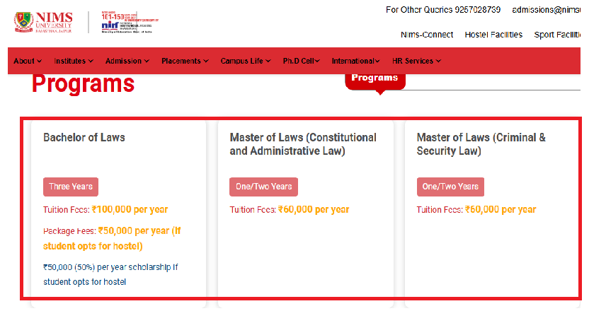 NIMS School of Law Fees Structure 2025