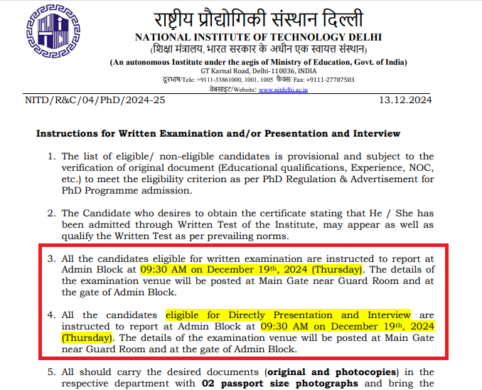 NIT Delhi PhD 2024-25
