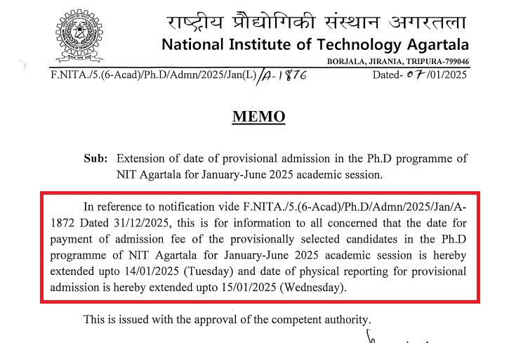 NIT Agartala PhD Admission 2024-25