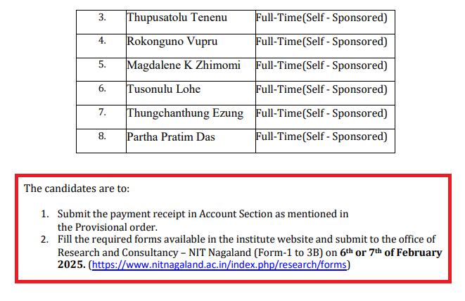 NIT Nagaland PhD 2025 Round 1 Selection List