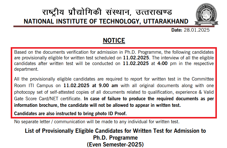 NIT Uttarakhand PhD Test 2025
