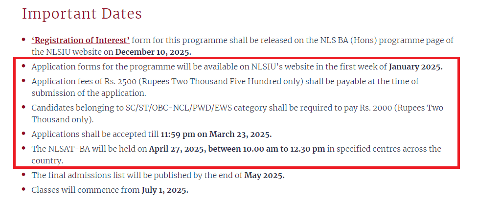 NLSIU Bangalore BA Hons Program 2025-26