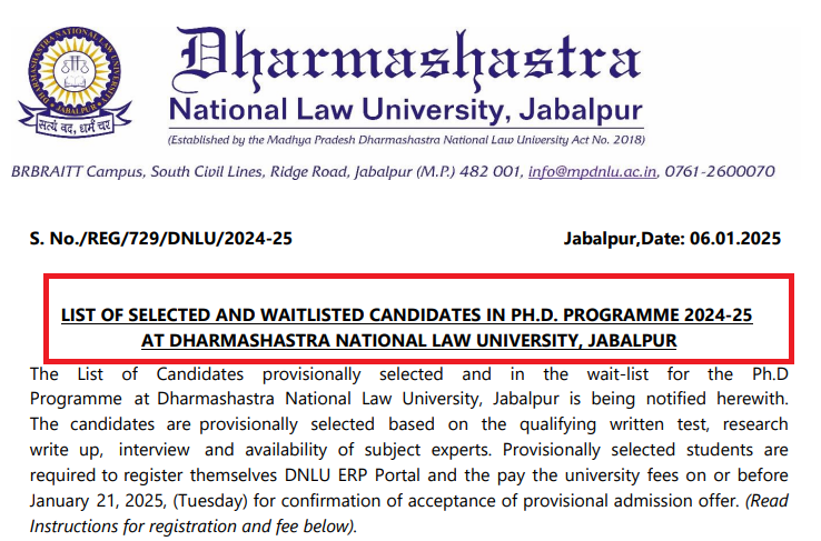 NLU Jabalpur PhD Merit List 2025