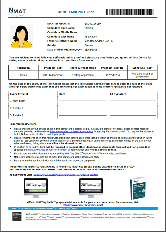 NMAT Admit Card sample