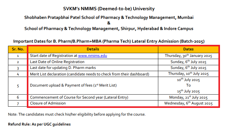 NMIMS BPharm Lateral Entry Admission 2025
