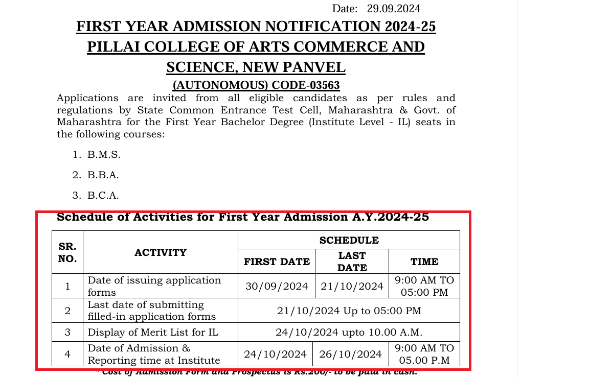 Pillai College of Arts, Commerce and Science (Autonomous) Admission Dates