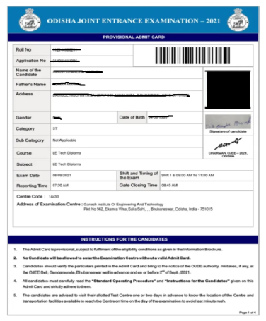 OJEE 2025 Admit card