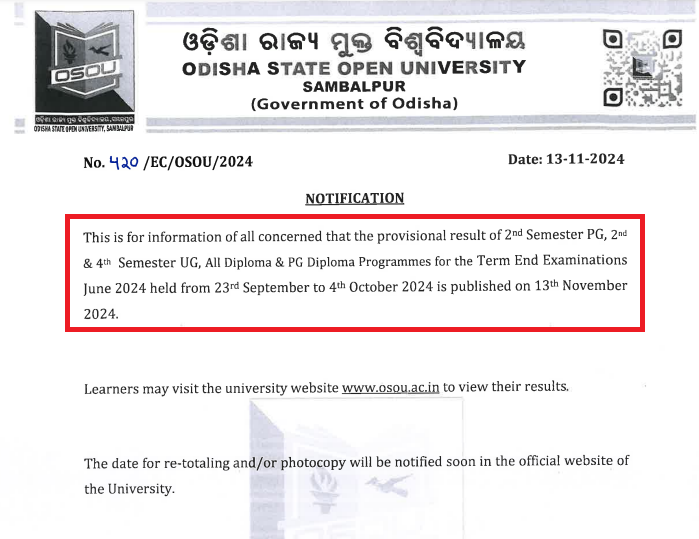 OSOU Releases Provisional Result 2024 for June Term End Exam
