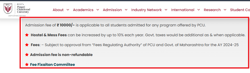 PCU Fees Structure 2025