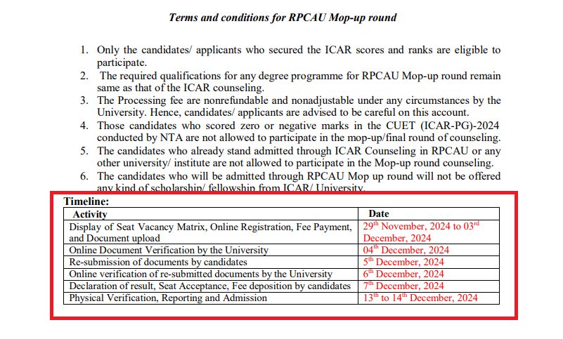 RPCAU PG Admission 2024-25 Counselling Round to Open