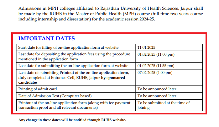 RUHS MPH Admission 2024-25