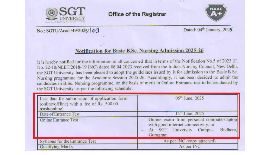 SGT University Admissions 2025