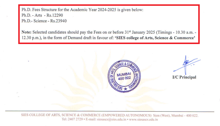 SIES College PhD Fees 2024-25