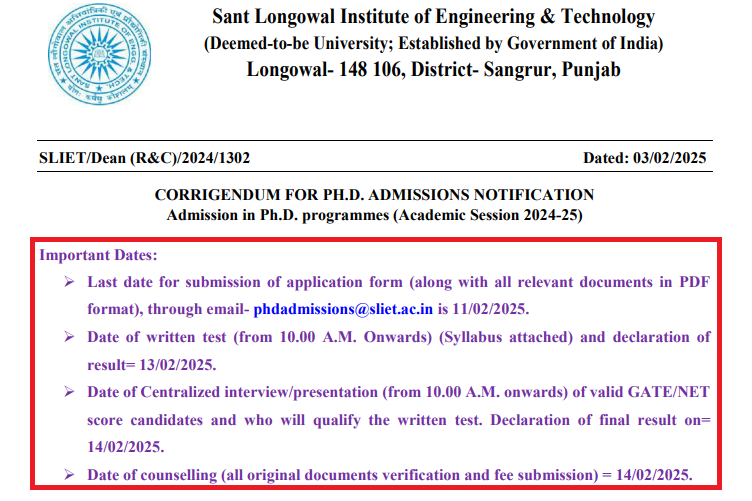 SLIET PhD Admission 2024-25