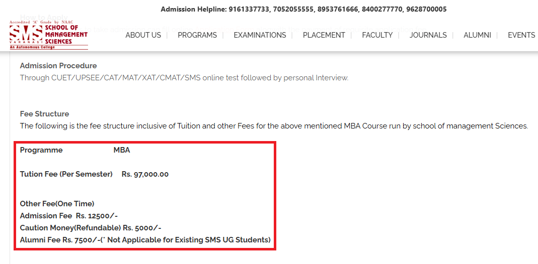 SMS Varanasi UG and PG Fees 2025-26