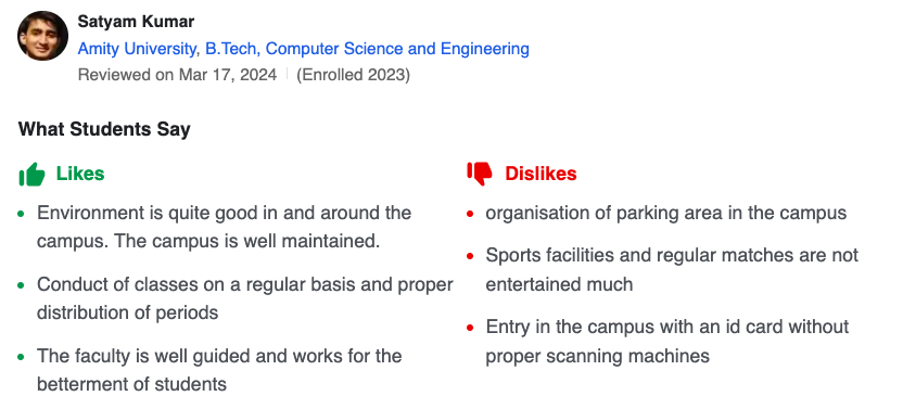 Amity Greater Noida Placement Student Review