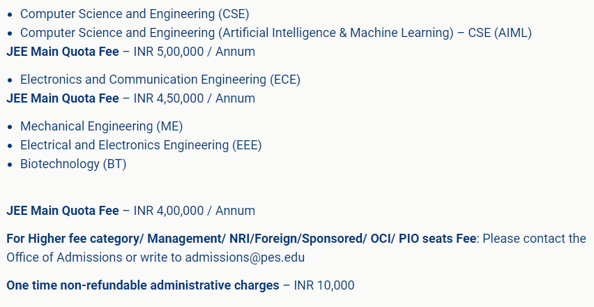 PES University B.Tech Courses Fee