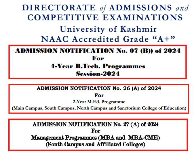 University of Kashmir Invites Application for B.Tech, M.Ed and MBA Admission 2024