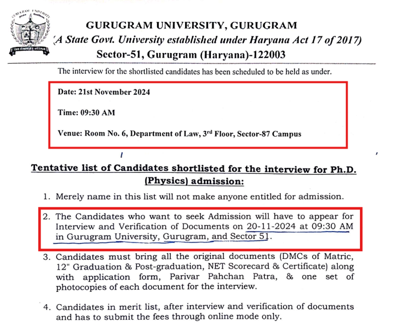 Gurugram University Announces Shortlisted Candidates for Ph.D. Admission 2024