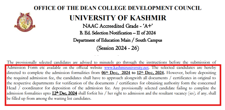 Kashmir University BEd Admission