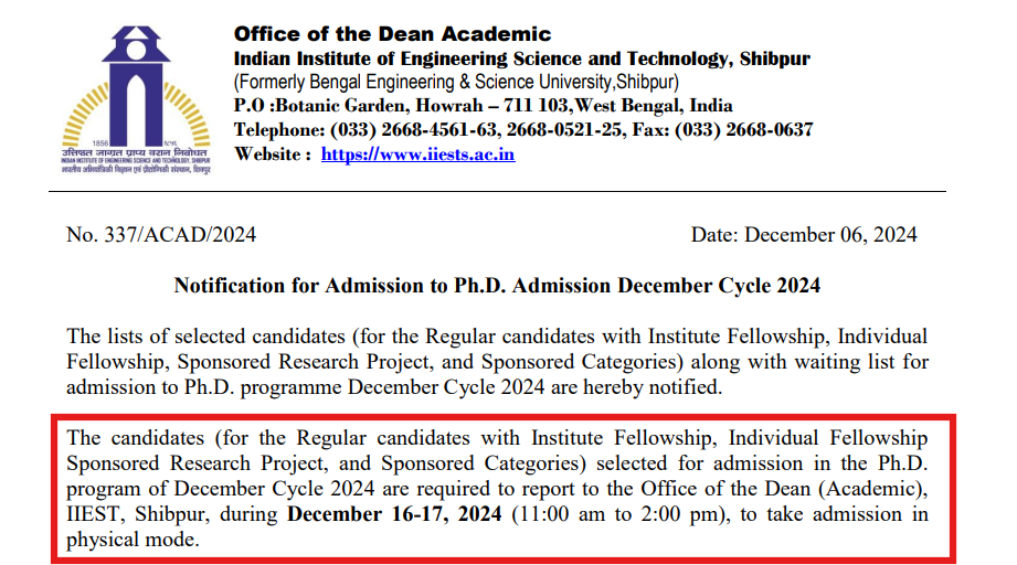 IIEST Shibpur PhD Admission 2024