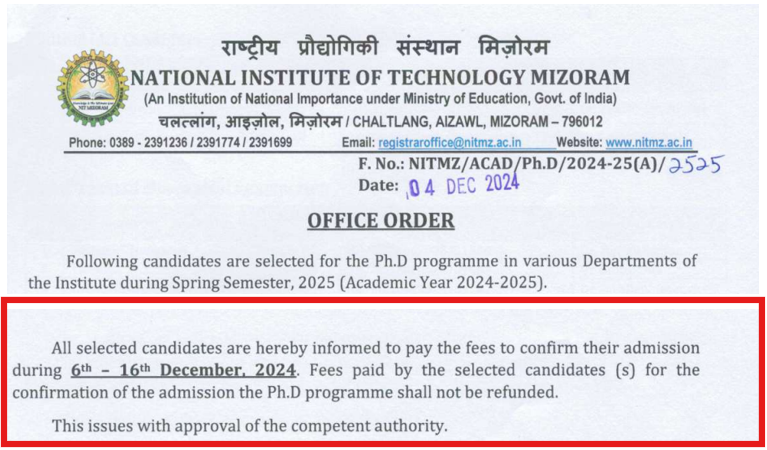 The provisional list for NIT Mizoram PhD admissions Spring 2025 is out