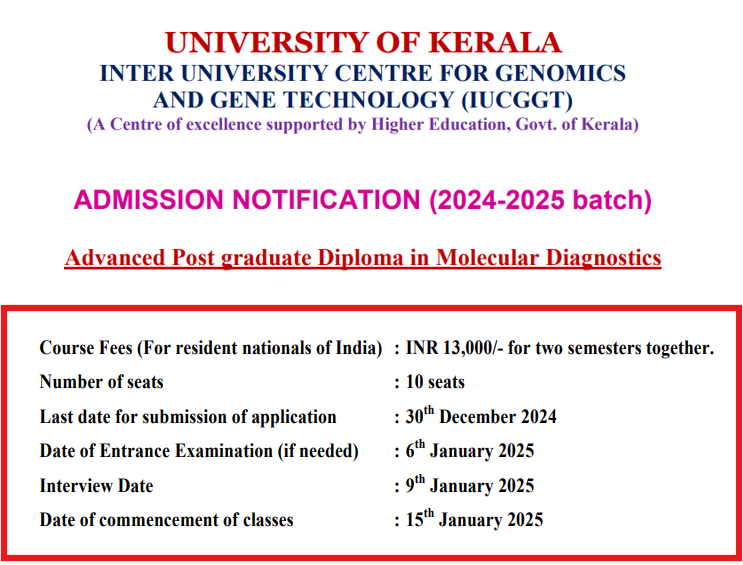 Kerala University Opens Advanced PG Diploma (Molecular Diagnostics) Admission 2024