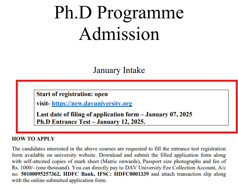DAV University PhD Admission 2025 Open; Apply by January 7