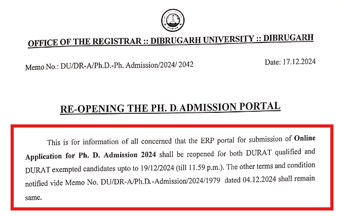 Dibrugarh University PhD Admission 2025
