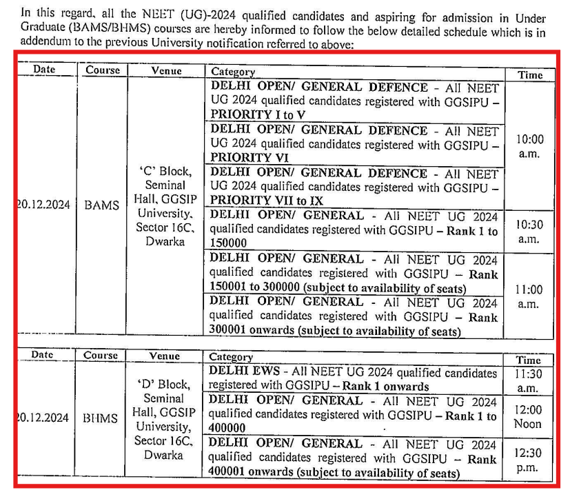 GGSIPU BAMS/BHMS Special Counselling