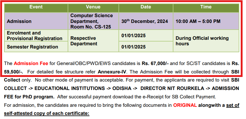 NIT Rourkela Candidate List for PhD Admission 2024