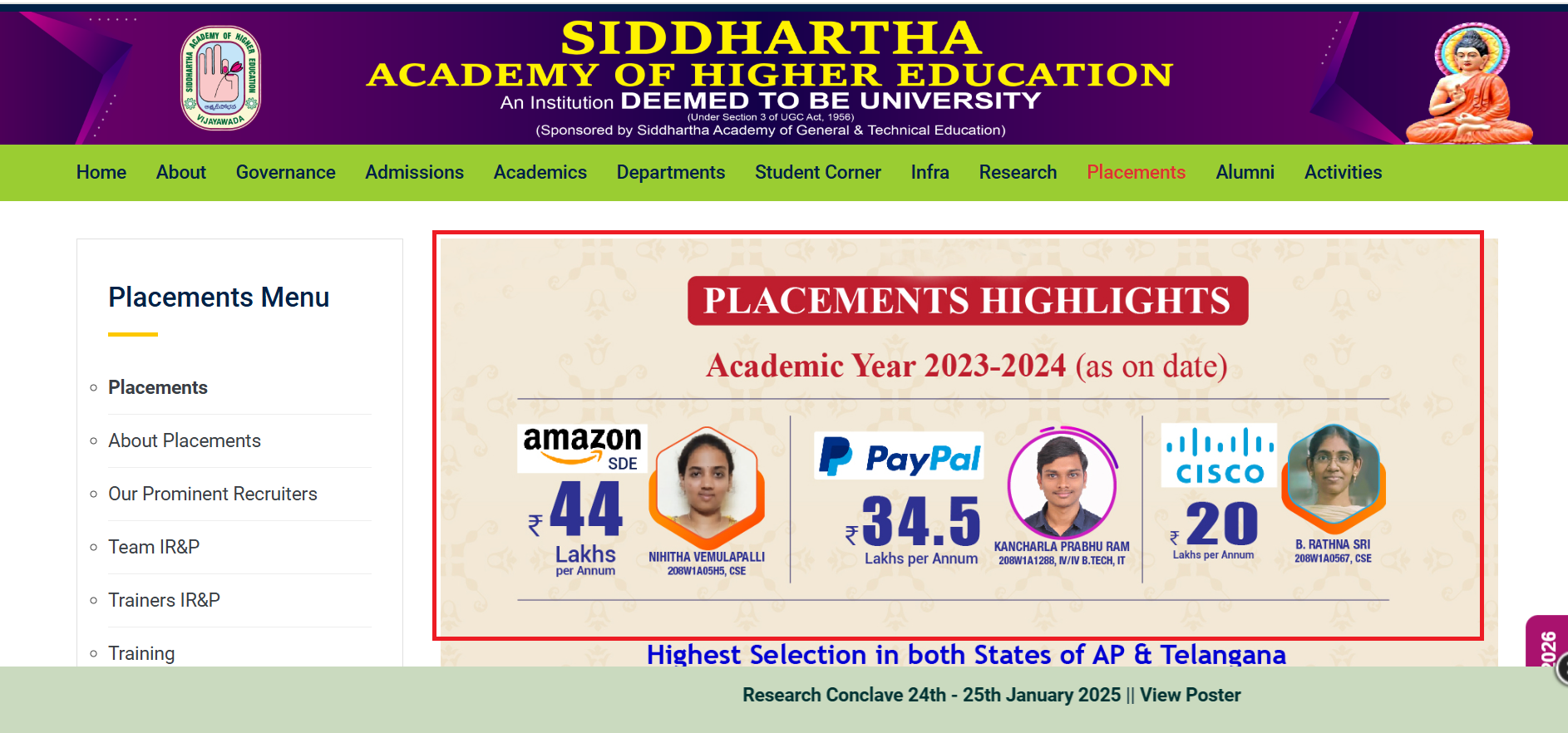 SAHE University has officially released its Placement