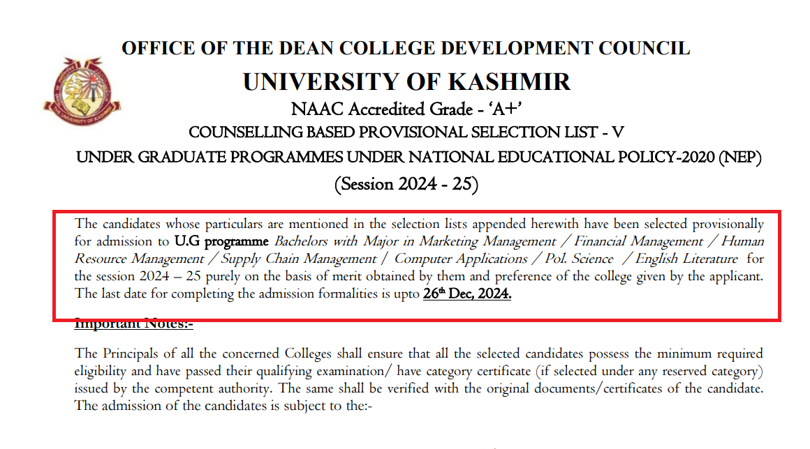 Kashmir university releases Provisional selection list 2024