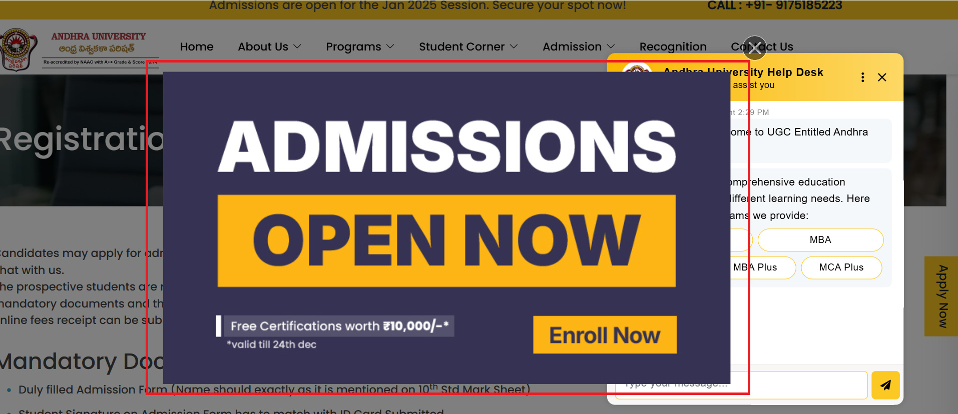 Andhra University has released admission and fee structure