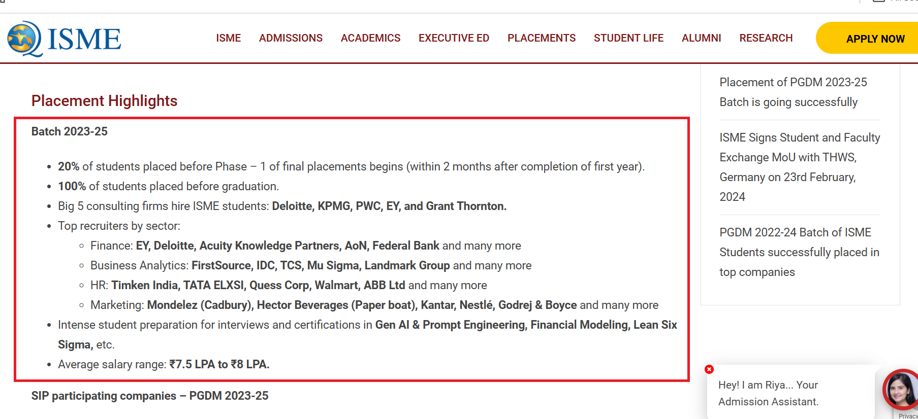 ISME has achieved excellent placement results