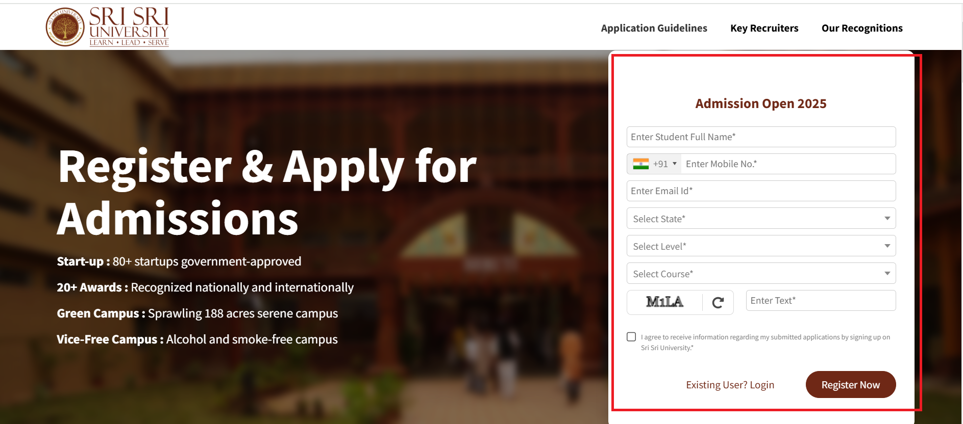 Sri Sri University has opened admissions for the 2025-26 academic year.