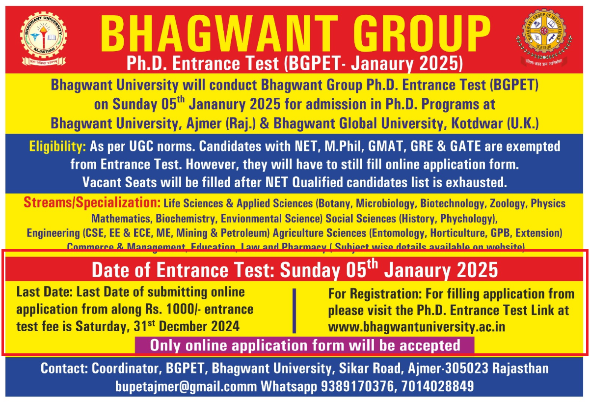 Bhagwant University Has Released PhD Application For AY 2025; Apply By December 31