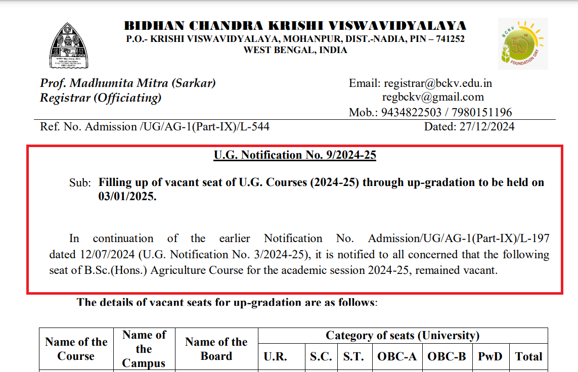 BCKV Vacant Seat Upgradation and Counseling for UG Courses 2024 25