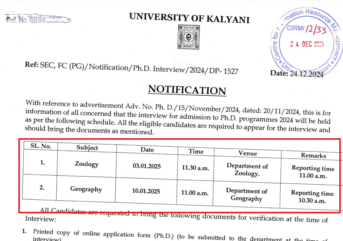 Kalyani University 2024 PhD Interviews for Zoology and Geography