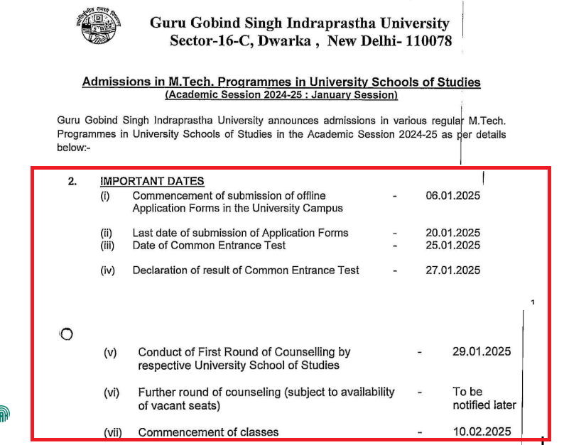 GGSIPU MTech Admission AY 2024 25 January session Open