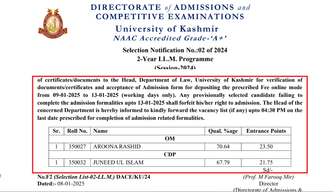 University of Kashmir Releases LLM 2025 2nd Selection List for Vacant Seats