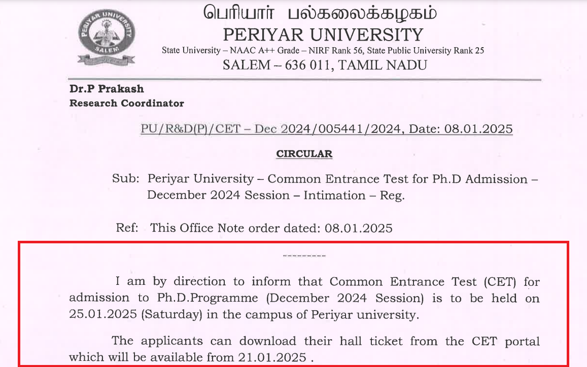 Periyar University PhD 2025 Entrance Exam Date Released