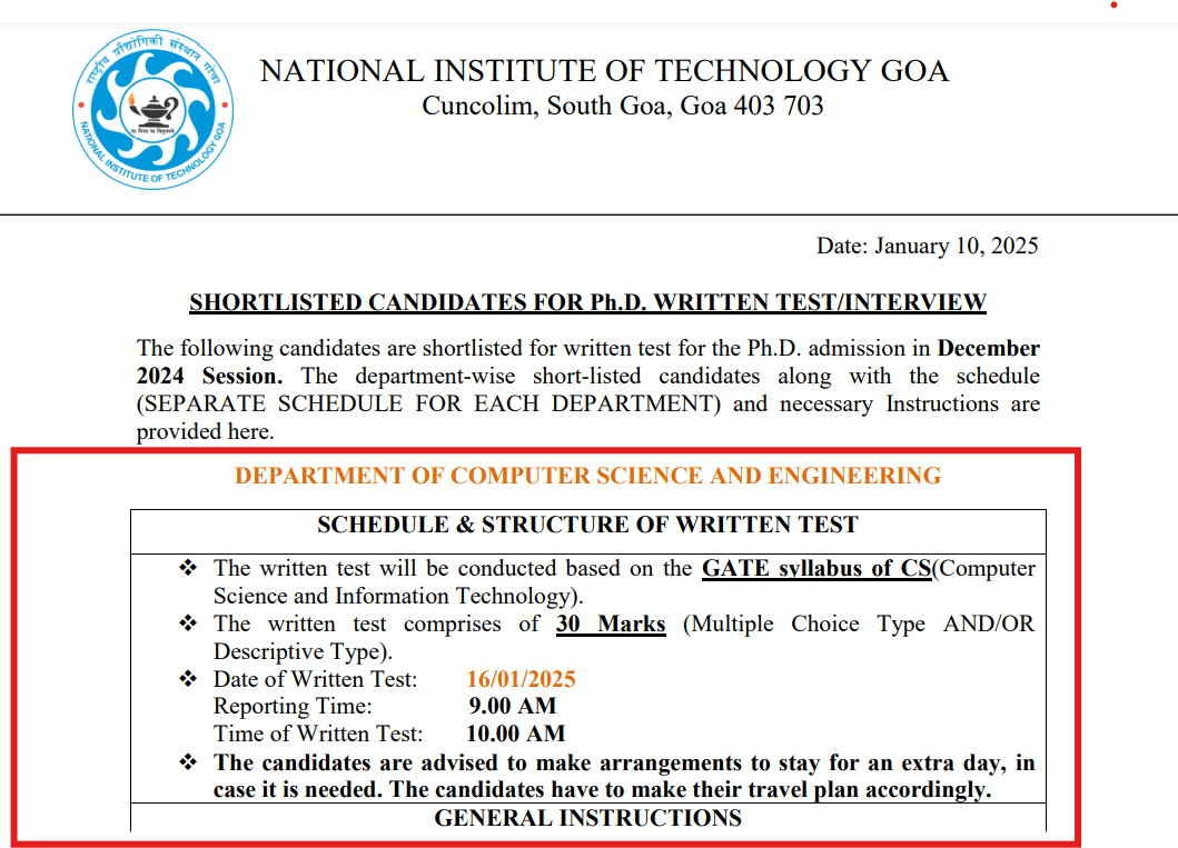 NIT Goa Releases List of Shortlisted Candidates for Written Entrance Test 2025