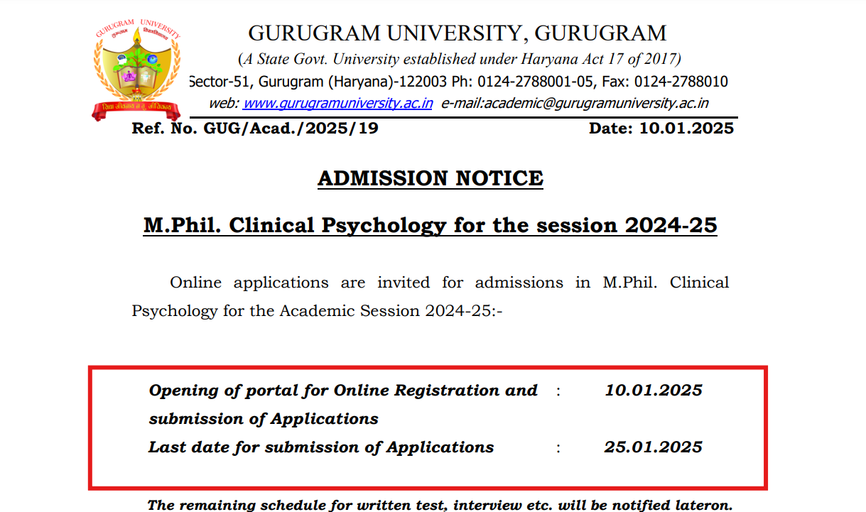 Gurugram University M.Phil Admissions 2025 Opens