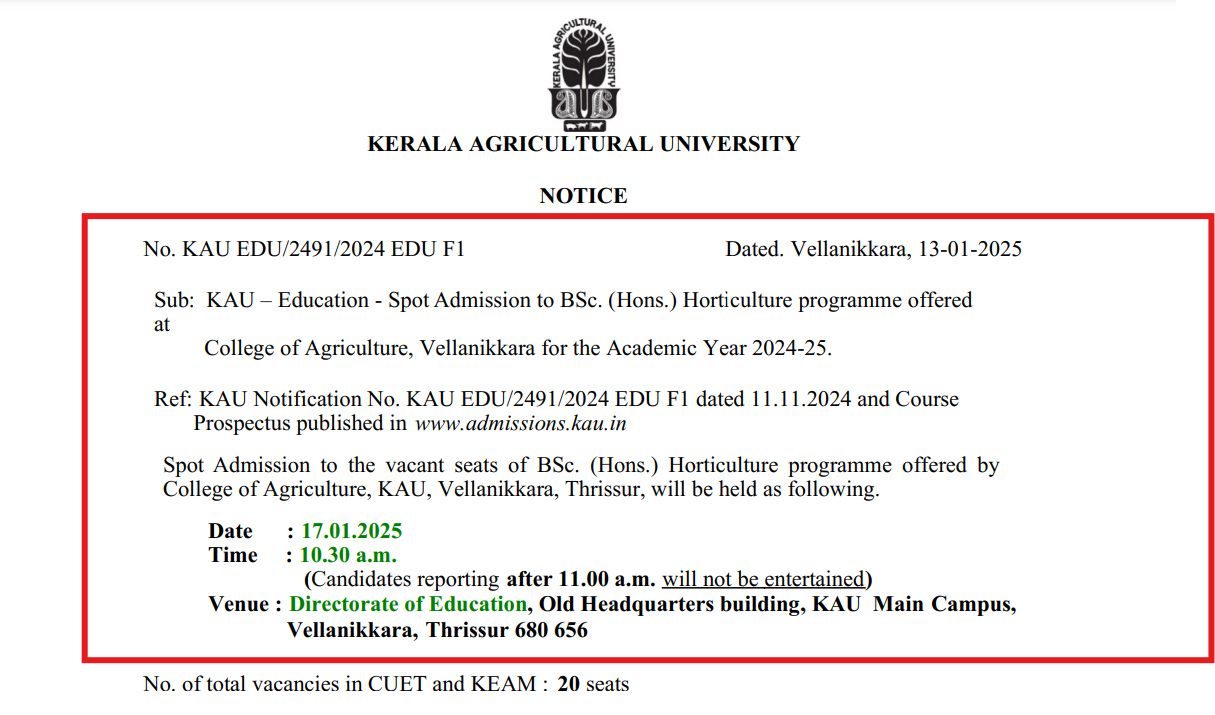 Kerala Agricultural University B.SC(Hons) Admissions 2025 Opens for Vacant Seats